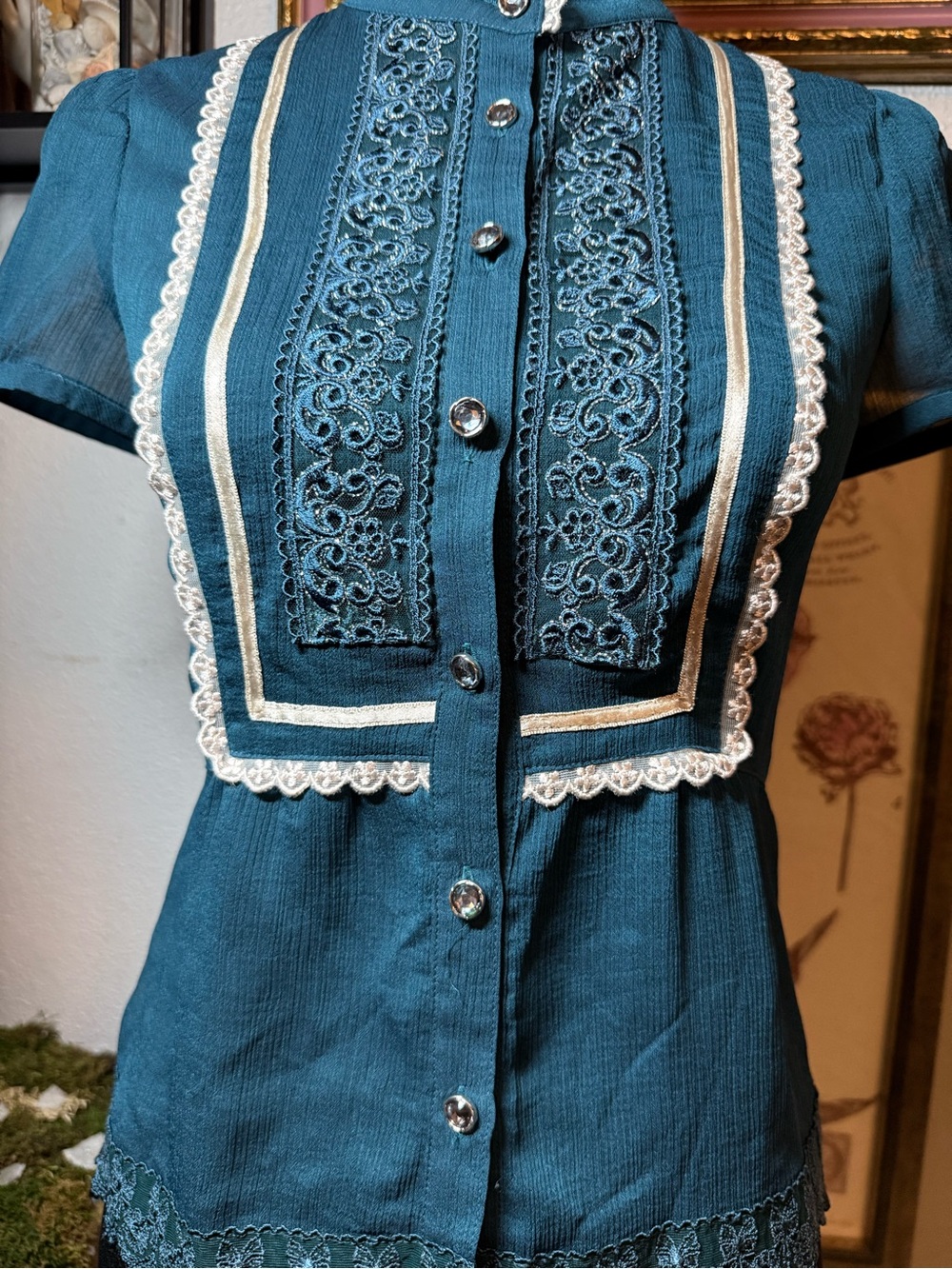 Victorian Teal Lace Bib Front Blouse •Size S• Sheer Chiffon Rhinestone Buttons - Picture 4 of 16